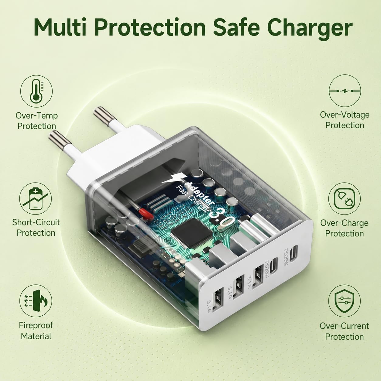 Szybka Ładowarka USB C 50W, Wieloportowy Zasilacz USB C z 5 Portami, Ładowarka Sieciowa Kostka Wtyczka USB Typ C do iPhone 17 16 15 14 13 12 11 Pro Max, Samsung Galaxy S26 S25