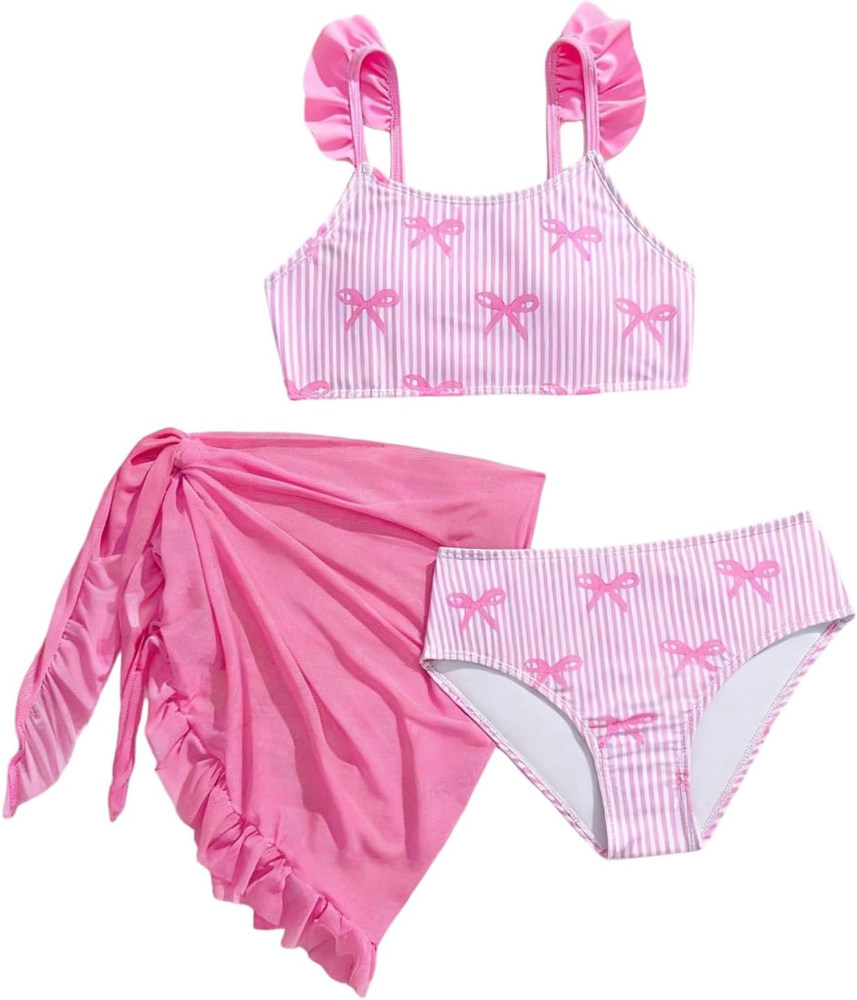 BEAUDRM Girl's 3 Piece Striped Swimsuits Bow Print Scoop Neck Cute Bathing Suits with for Beach Cover Up Skirt for 8-12 Years