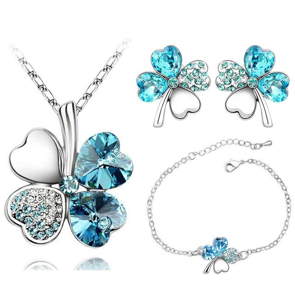 AILUOR Four Leaf Clovers Jewelry Set, Fashion Austrian Crystal Lucky Four Leaf Clover Necklace Bracelet or Earrings for Women Girl Wedding Party Gift