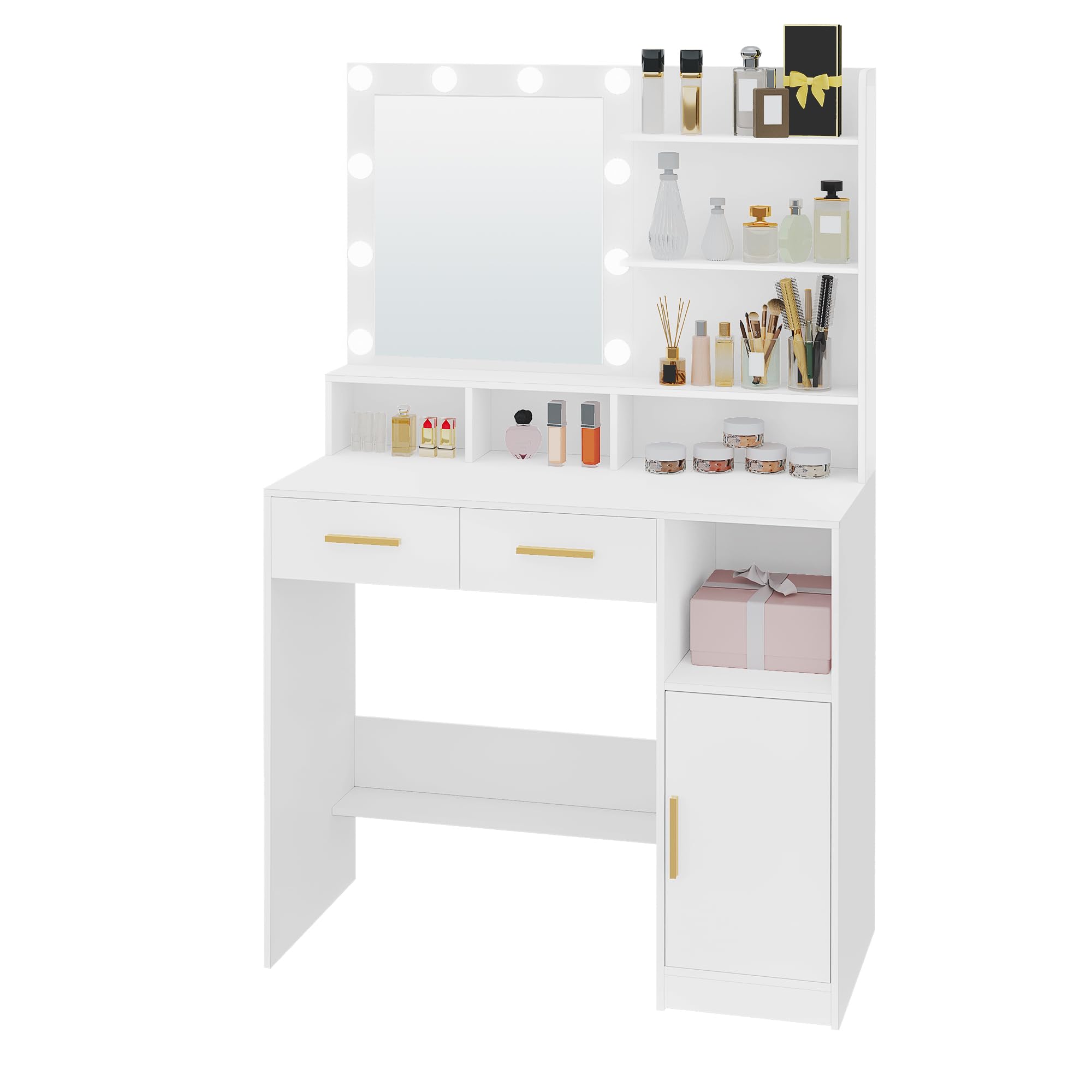 Hzuaneri Schminktisch mit Spiegel und 10 LED-Beleuchtung, Schminktische mit Einstellbare Helligkeit,Schminktisch mit 2 Schublade & 1 Schrank, 3 Ablagen & 4 offenen Fächern, Weiß DT32503X