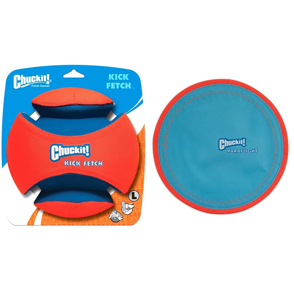 Chuckit!Kick Fetch Ball (8 Inch) and ChuckIt! Paraflight Flying Disc Dog Toy (Large 9.75 Inch), Orange And Blue