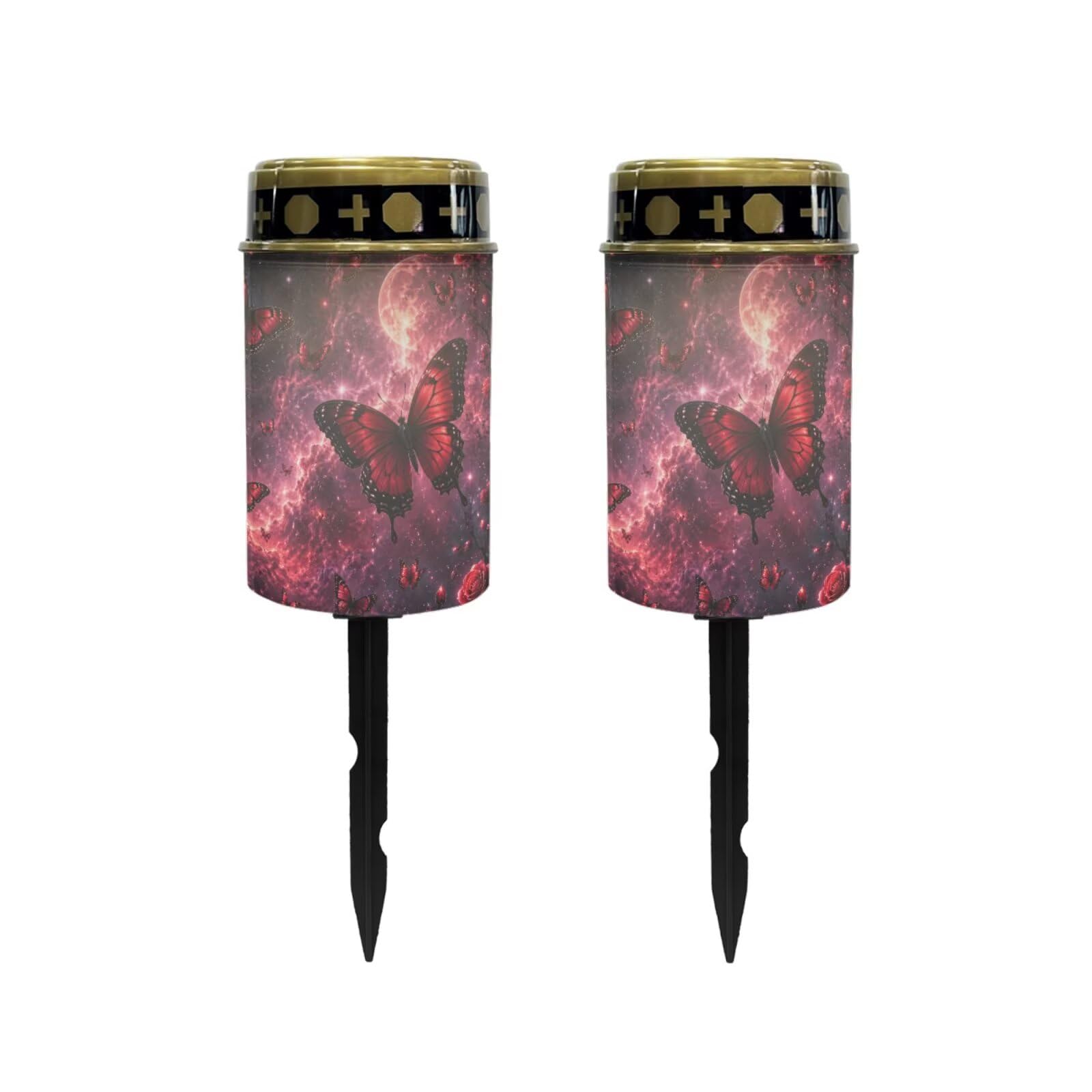 Poceacles Outdoor Solar Lights Solar Grave Candle Outdoor Waterproof Cemetery LED Candles for Cemetery Lawn Porch Outside Decoration, Butterfly Rose Galaxy Moon Red, Pack of 2