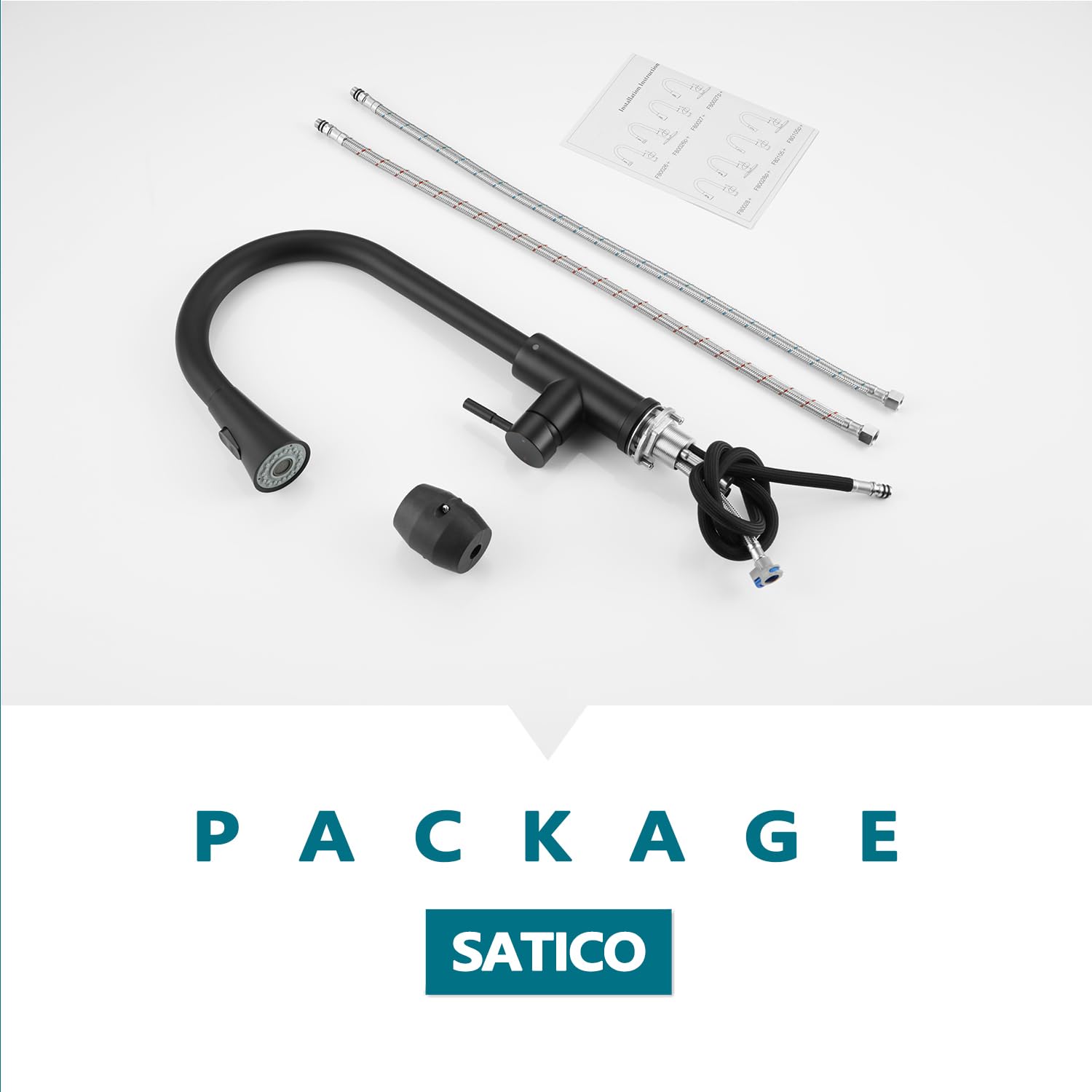 SATICO Kitchen Faucet with Sprayer Matt Black, Single One Hole Single Handle Kitchen Faucet with Pull Down Sprayer Modern Contemporary Stainless Steel & Brass cUPC NSF CEC Certified, Model F80027MB