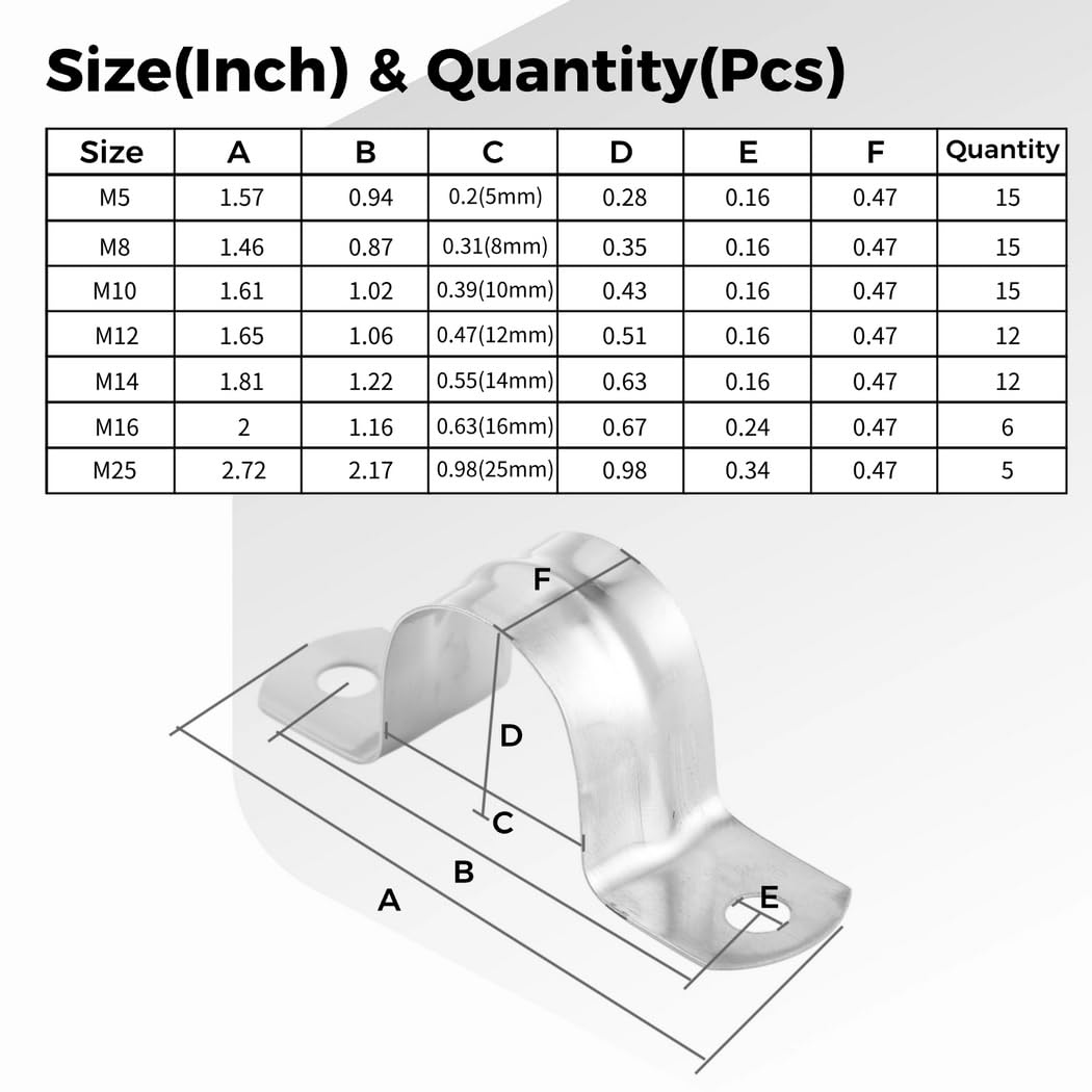 Colliers de serrage pour tuyaux, lot de 80 attaches en U M5 8 10 12 14 16 25, acier inoxydable 304, brides et clips pour fixation de conduites d'eau, d'huile et de gaz