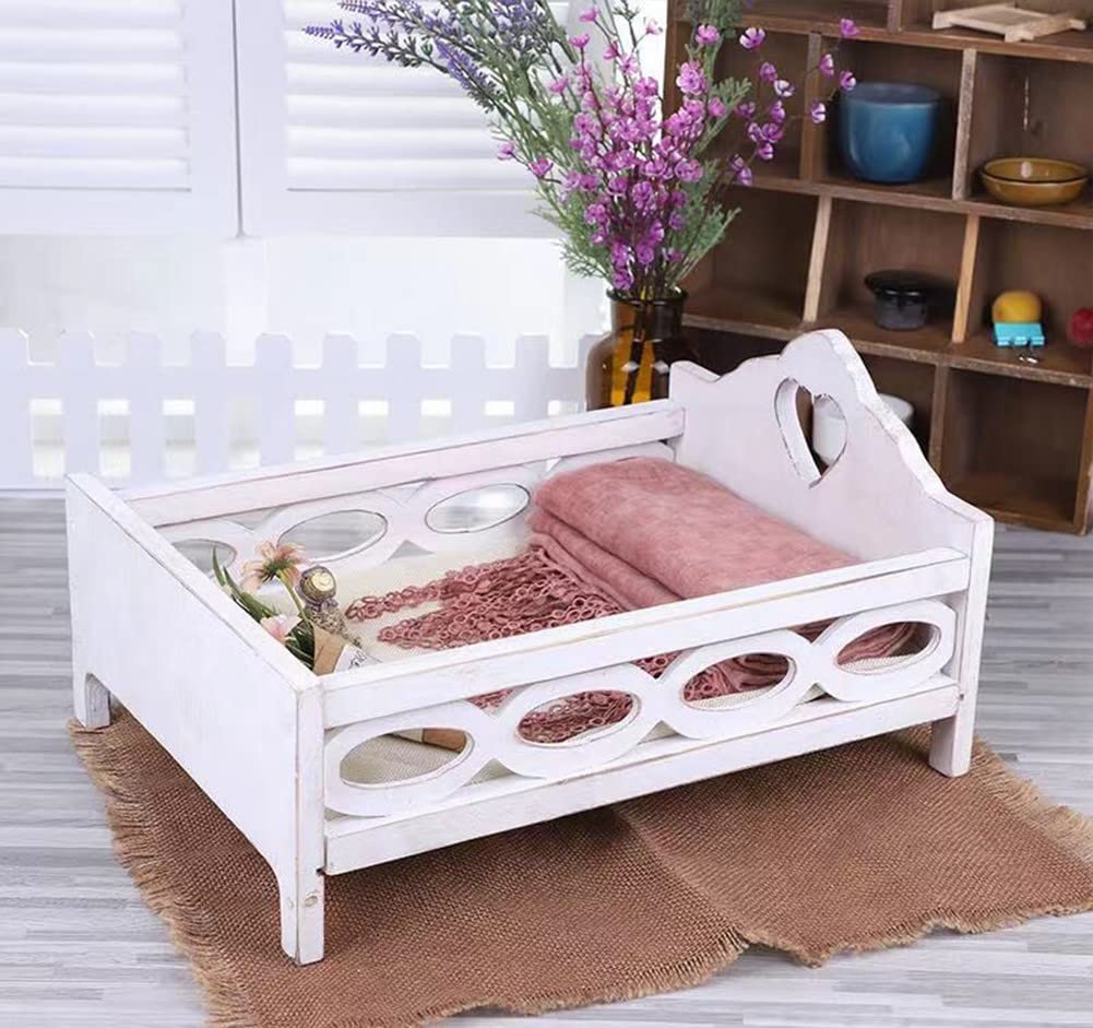 DELITLS Baby-Fotografie-Requisiten Aus Holz, Baby-Foto-Bett, Geschenk, Vintage, Tragbar, Puppenbett Für Neugeborene, Für Fotostudio (weiß