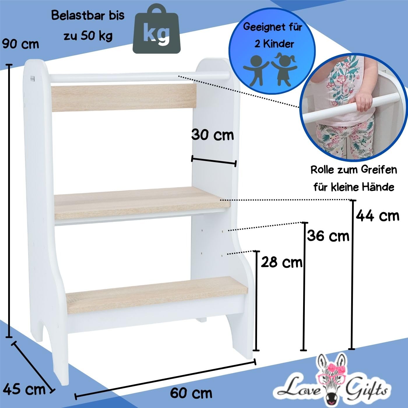 Love Gifts® Lernturm für Kinder mit Kippschutz und höhenverstellbar | Learning Tower mit sicheren Kanten | Küchenhelfer & Lernturm ab 1 Jahr für gleichzeitige Benutzung von Zwei Kindern, Weiß-Braun