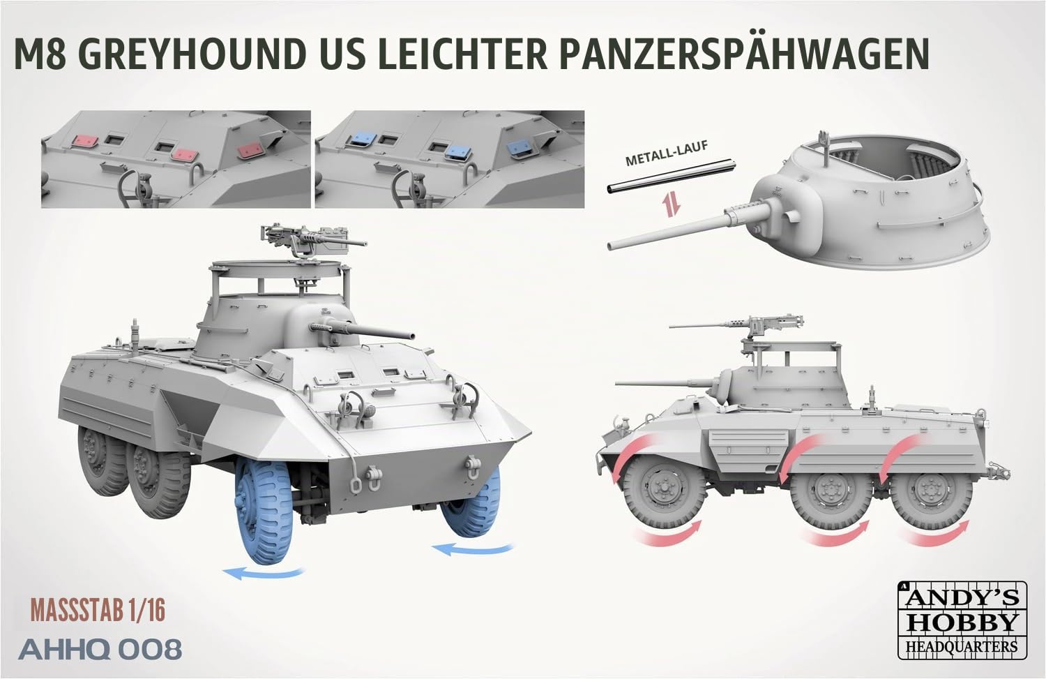 ANDYS Hobby Headquarters AHHQ-008 M8 Greyhound US Light Armored Car + Figur Maßstab 1:16 Modellbausatz Plastikmodellbau