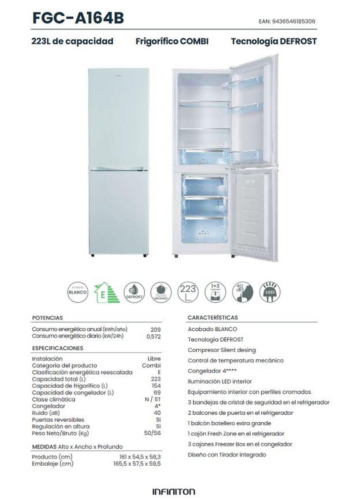 INFINITON Frigorifico Combi FGC-A164B, 223 Litros, 161 cm de Altura, Compresor Silent desing, Iluminación LED interior, Diseño con Tirador integrado, E, Blanco