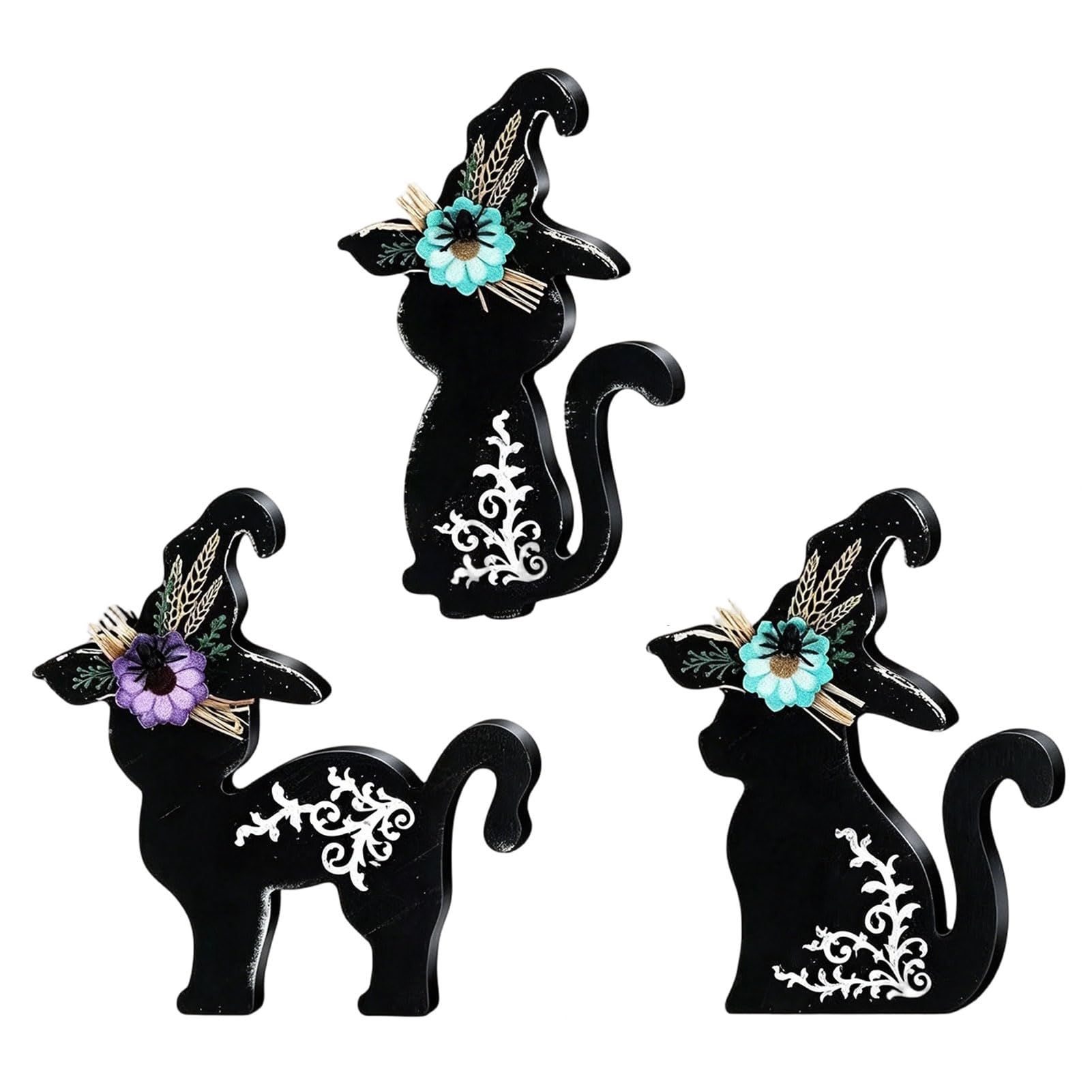ZhzeYun 3Pcs Halloween Decoration Wooden Black Cat Witch Hat Table Centerpiece Rustic Farmhouse Tiered Tray Home Office Seasonal Party Decor B