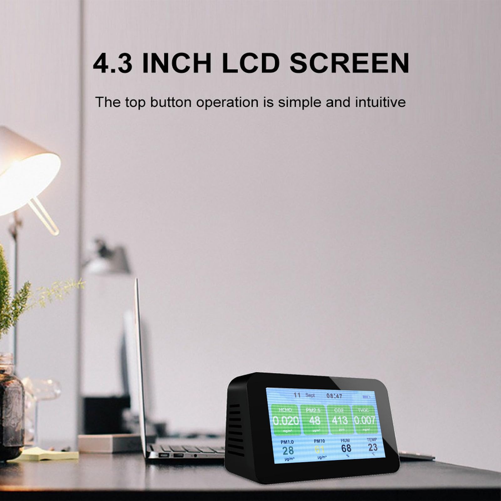 Hyuduo Monitor de Calidad del Aire, Detector de CO2 LCD de 4,3 Pulgadas con Monitor de Temperatura y Humedad PM2.5 PM1.0 PM10, Probador Portátil de Calidad del Aire para Viajes en Casa y Oficina