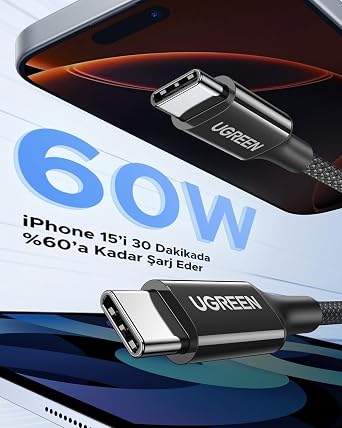 UGREEN USB-C 60W 3A QC PD Örgülü Hızlı Şarj Kablosu, 2 Metre, Siyah, 65245