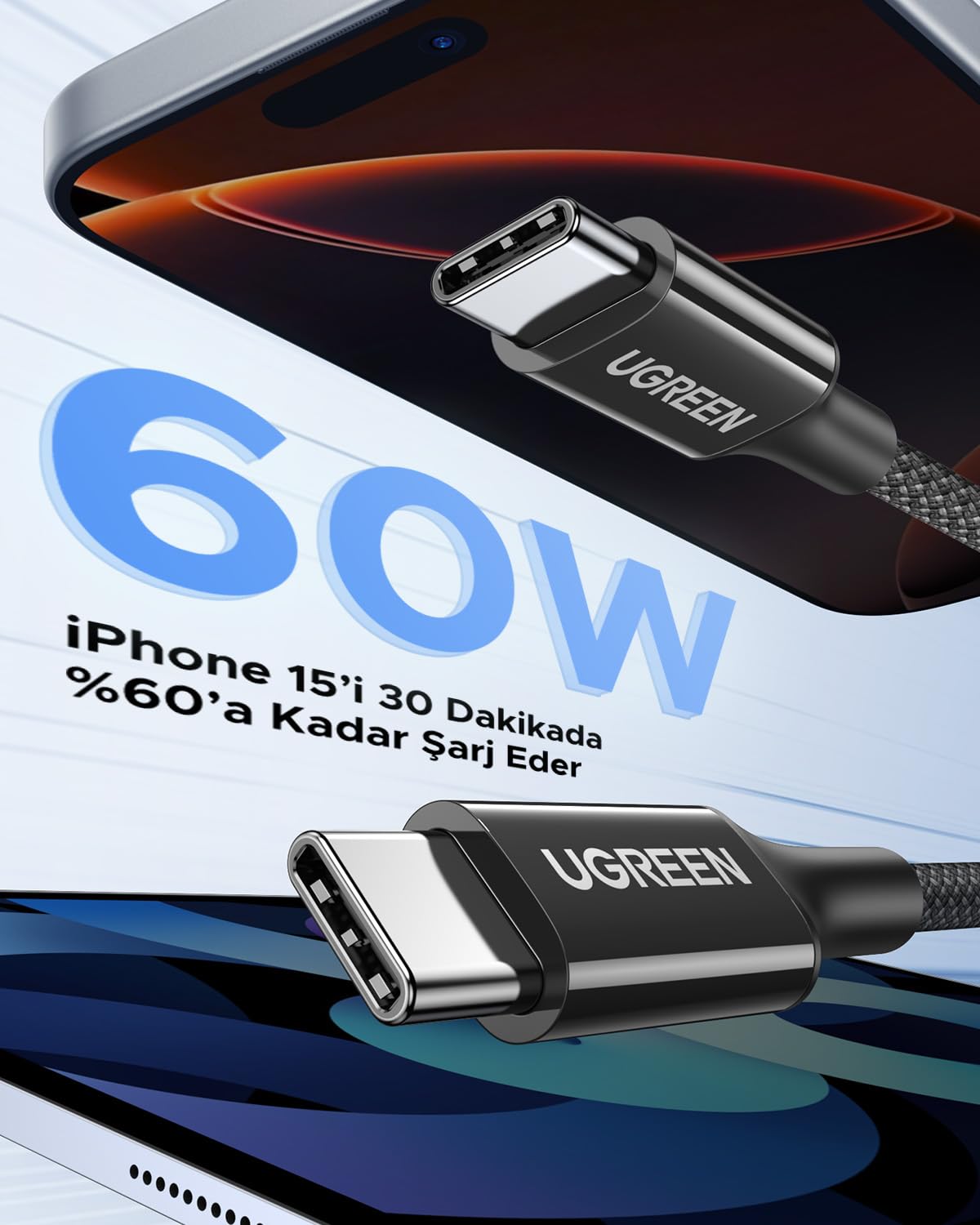 UGREEN USB-C 60W 3A QC PD Örgülü Hızlı Şarj Kablosu, 2 Metre, Beyaz, 35254