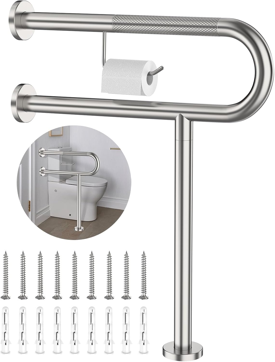 Toilet Grab Bar with Leg 24x28 Inch, ZUEXT Brushed Nickel Knurled Toilet Support Bar with Toilet Paper Holder, Stainless Steel Wall & Floor Mounted Bathroom Support Rail for Elderly Disabled Pregnant Brushed Nickel 24 Inch