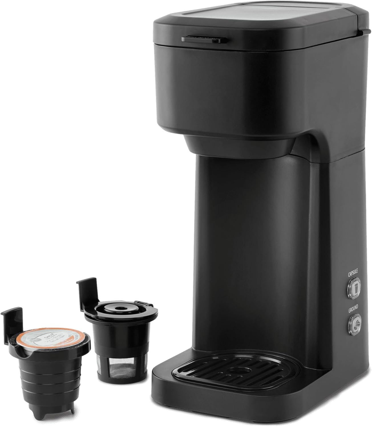 Compact Single Serve Dual Brew Coffee Maker - Compatible with Ground Coffee or K-Cups Pods | Adjustable Cup Size | Home & Office Coffee Brewer