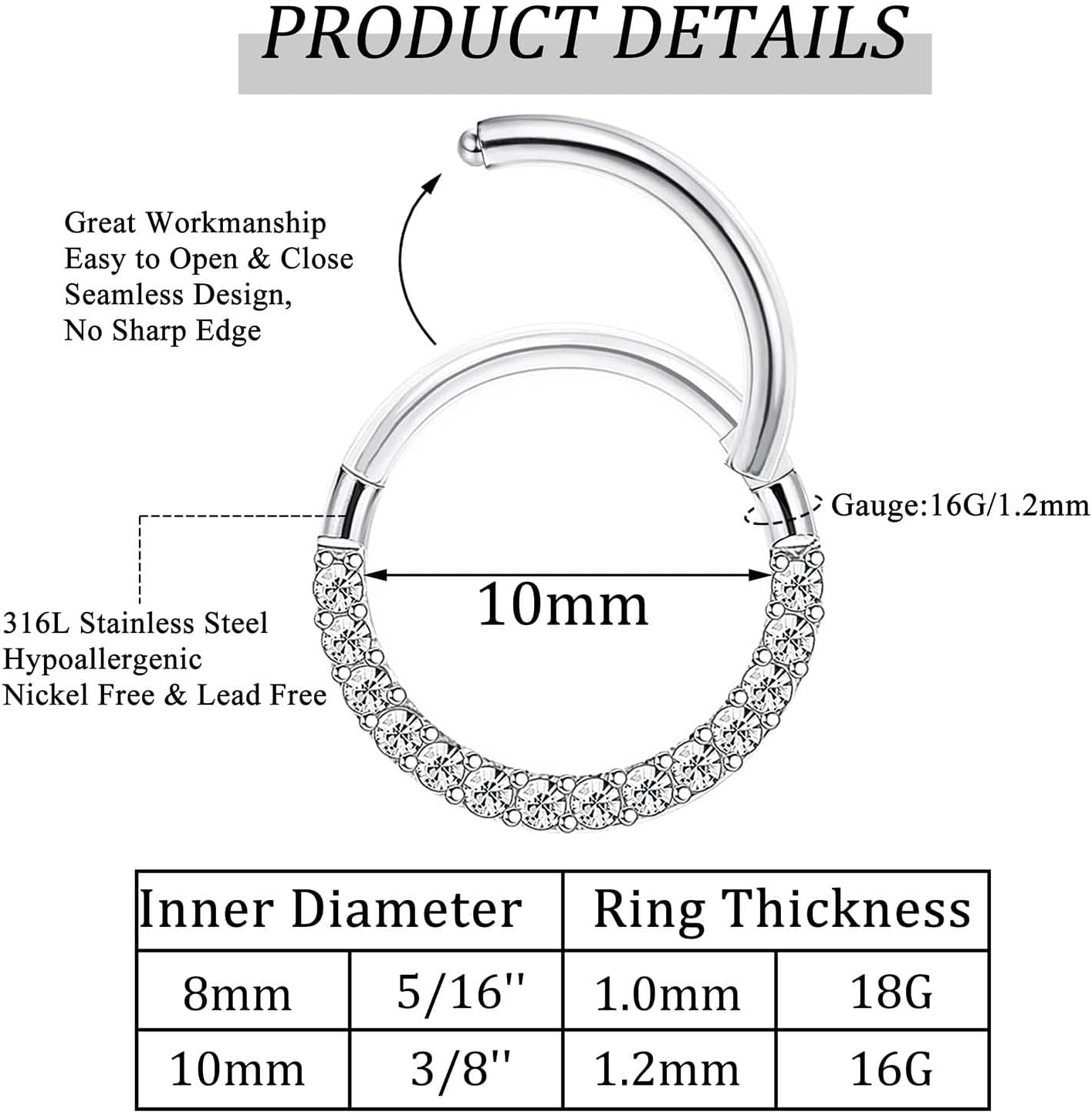 Jstyle 6Pcs 16G 18G Septum Rings Surgical Steel Nose Rings Hoop for Women Opal CZ Daith Cartilage Hoop Earring Clicker Septum Jewelry Hinged Hoop Nose Ring Lip Helix Rook Tragus Piercing Jewelry - Image 3