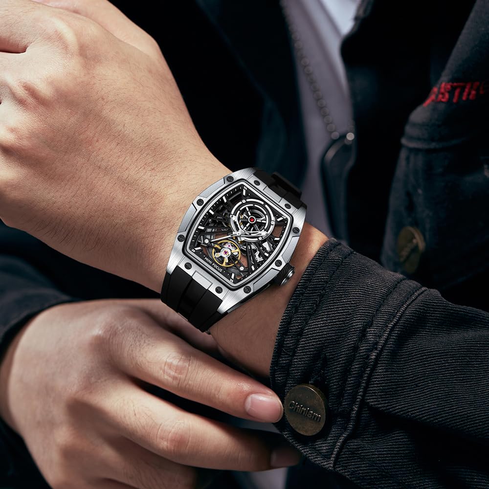 AIMES Tonneau Herren-Automatikuhr, luxuriöse Skelett-Uhren für Herren, automatischer Aufzug, mechanisch, wasserdicht, analog, einzigartig, cool, quadratisch, großes Zifferblatt, Armbanduhr mit