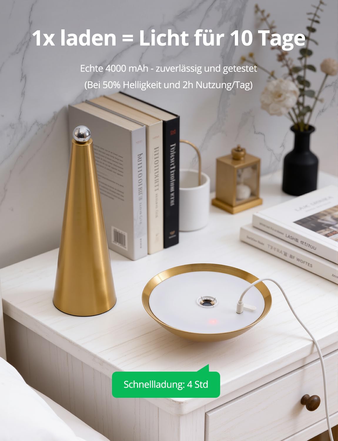 BOJIM Gold LED Tischlampe Kabellos Akku USB Aufladbar, Touch Dimmbare Tischleuchten mit Magnet Outdoor IP54 Wasserdicht, Schreibtischleuchte Ohne Kabel Lampenkopf Drehbar für Balkon Table, Indoor
