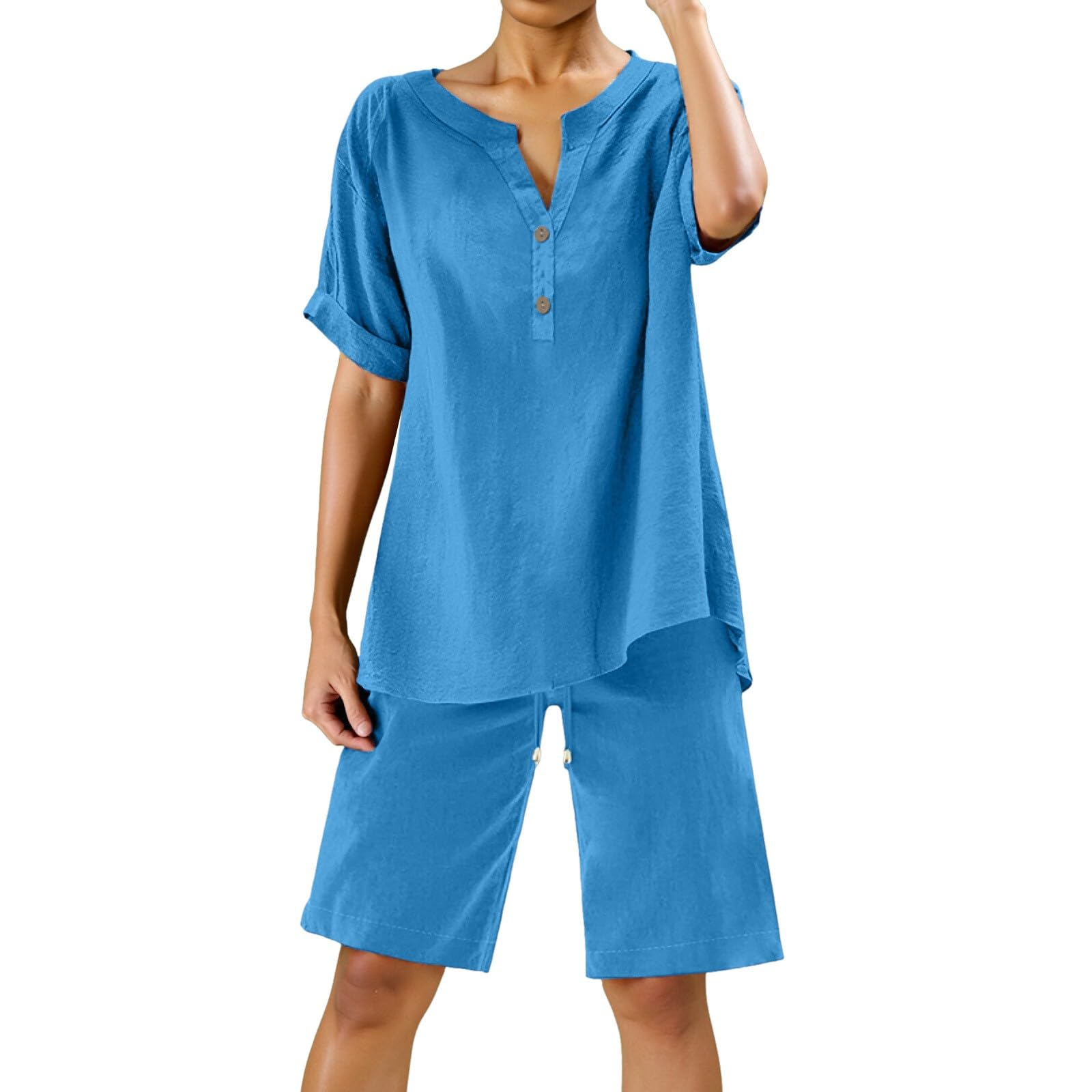 2-teiliges Damen-Outfit mit weitem Bein, Bluse, Taschen, elastische Hosen-Sets, lässiges V-Ausschnitt-Shirt, Hose, modische Streetwear50