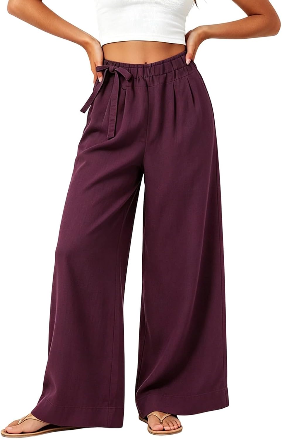 Women's Tie Waist Cotton Pants High Waisted Wide Leg Loose Fit Pants Vintage Fashion Casual Trousers with Pockets