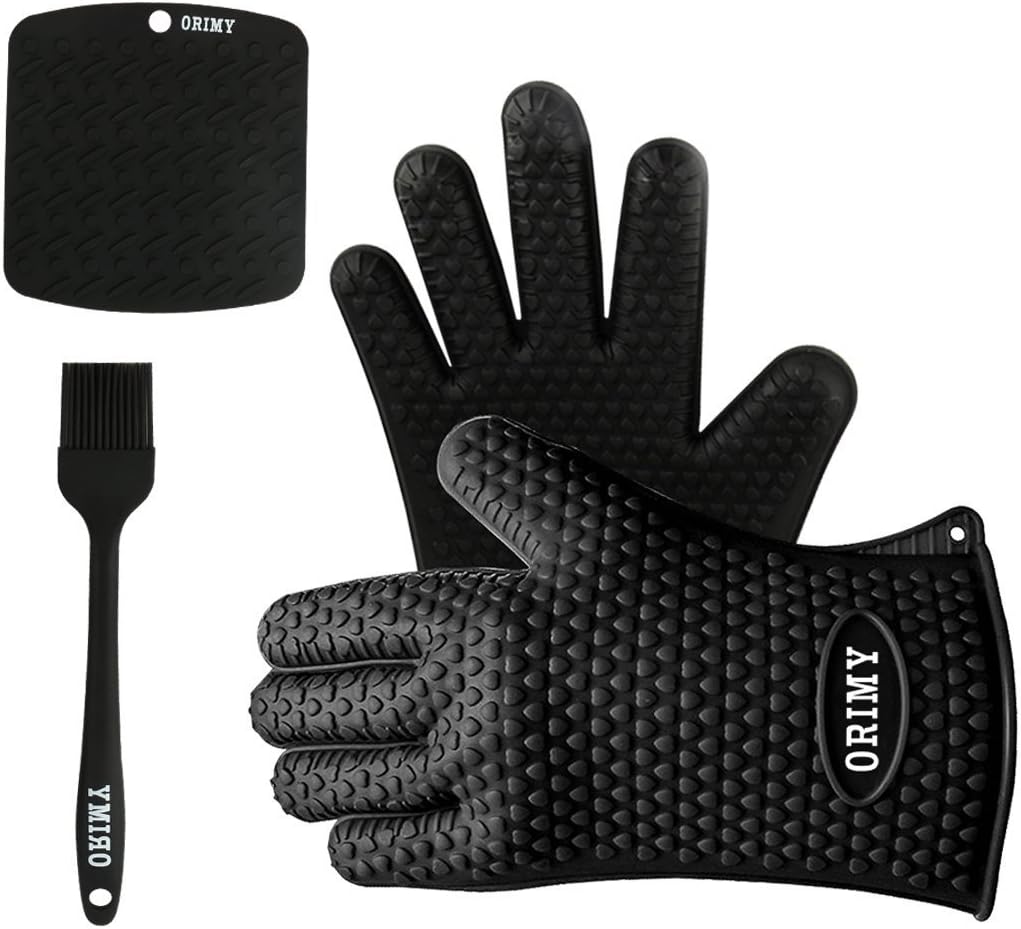 Silicone Oven Mitts Set including Kitchen Oven Gloves, Pot Holder and 1 Pastry Brush for Baking and Bbq Heat Resistant (Black)