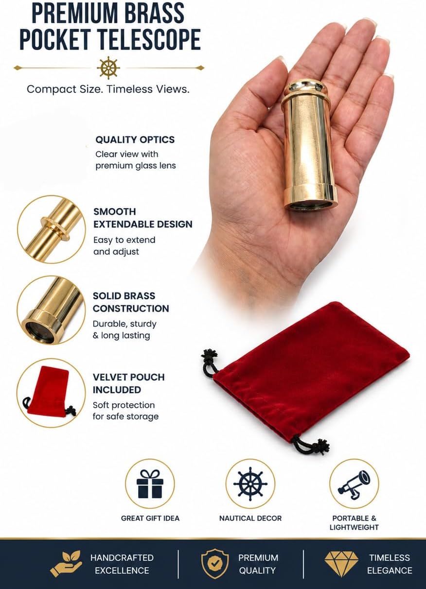 Premium Solid Brass Pocket Telescope 2.5" to 4" Extendable Spyglass with Glass Lens Mini Pirate Telescope Nautical Collectible Travel Viewing Scope with Velvet Storage Pouch