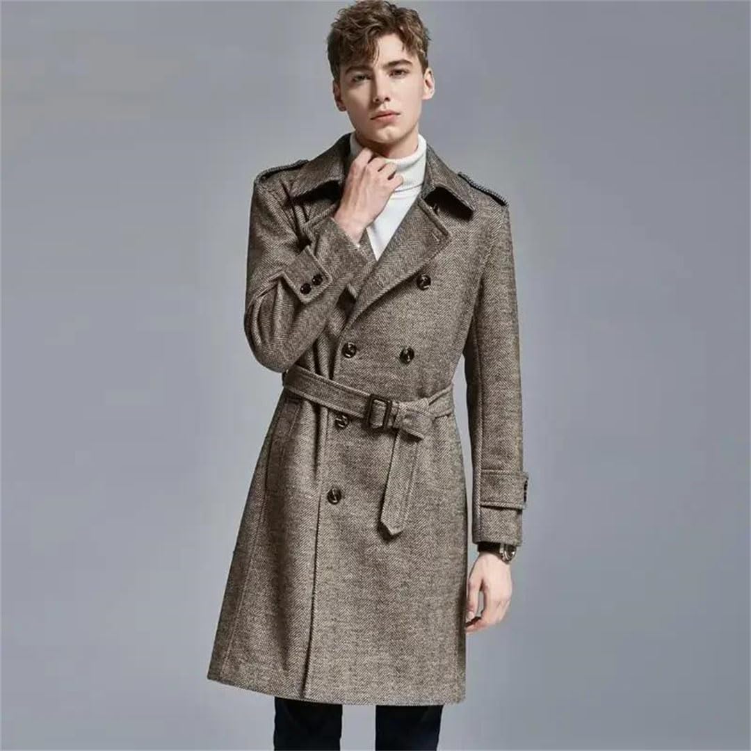 Men's Herringbone Wool Trench Coat Long Double-Breasted Slim Fit Jacket Plus Size