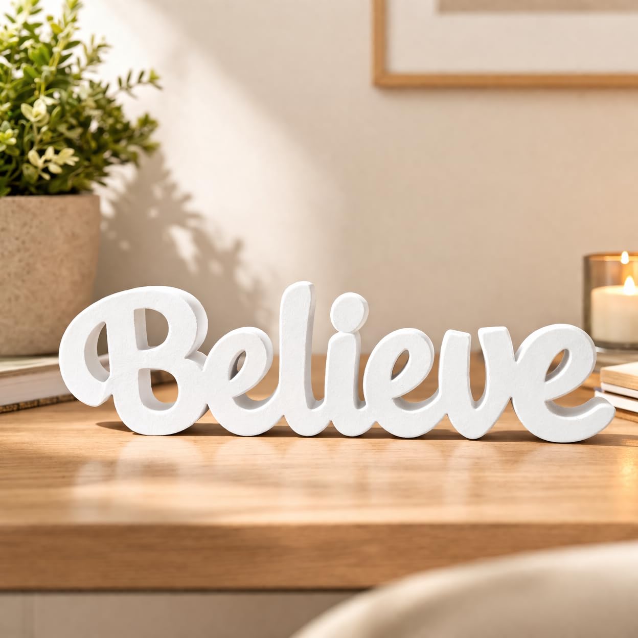 Wooden Believe Word Decor (White) | Hand-Painted Waterproof Inspirational Showpiece | Motivational Table Decor for Study Table, Home, Office & Gifting-image-14
