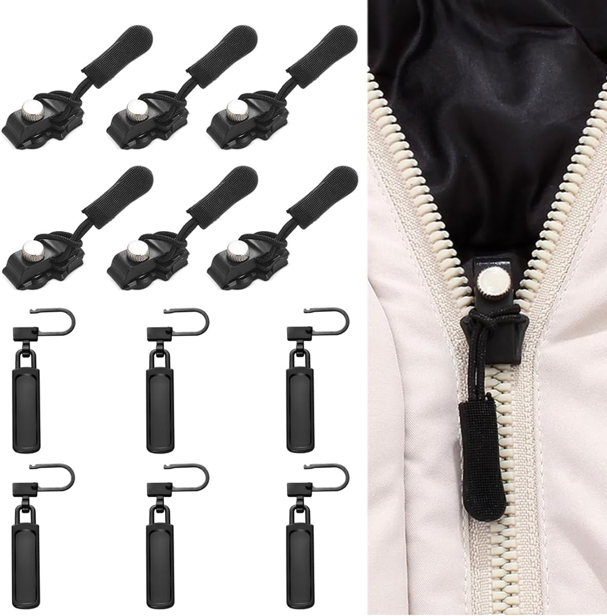 HOMETIC Universal Zipper Repair Kit Quick Fix Slider - Easy Install No-Sew Replacement Zipper Heads for Jackets, Luggage, Backpacks, Boots - Durable Black Zip Fixer (6)