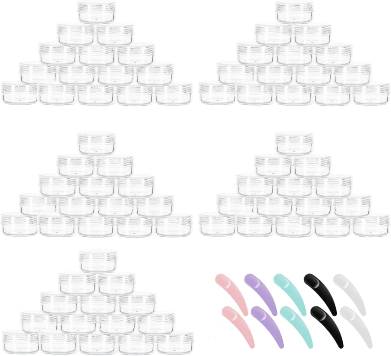Refillable Cosmetic Sample Jars - 100 Pack 10g (0.35oz) Clear Small Travel Containers with Lids + 10 Mini Makeup Spatulas - BPA Free