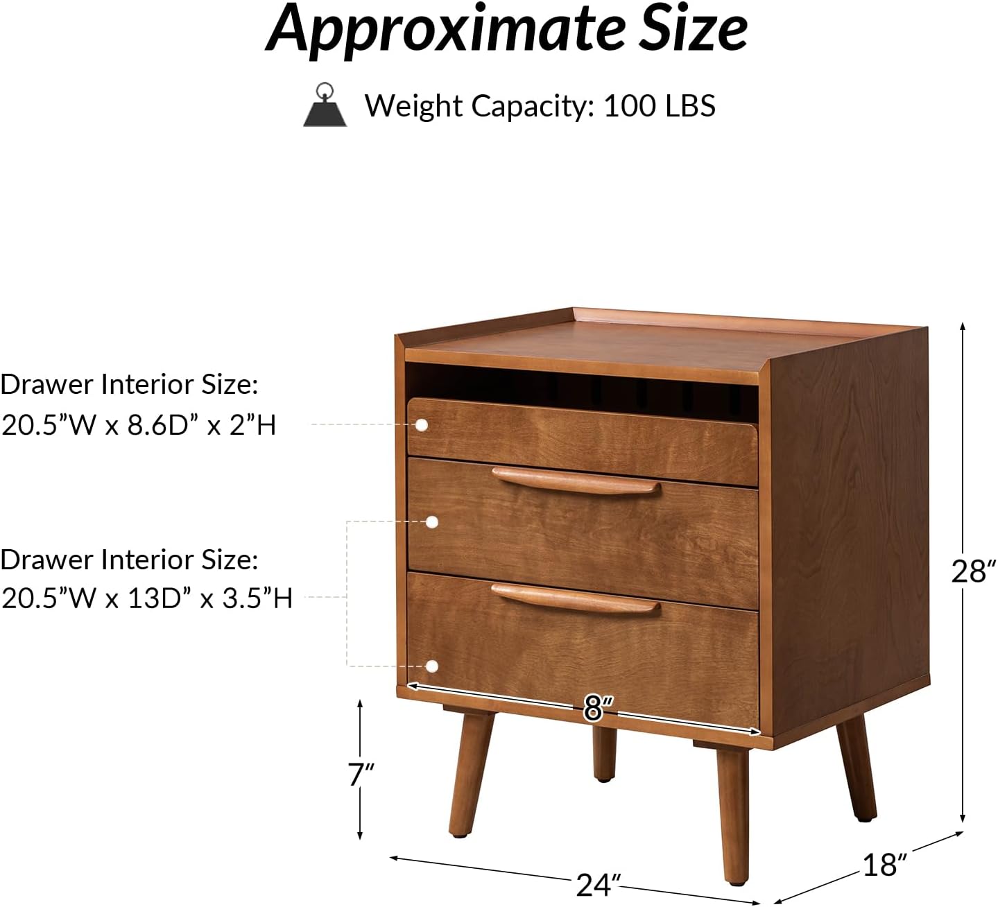 Diagram showing the approximate dimensions of the nightstand, including height, width, depth, and drawer interior sizes.