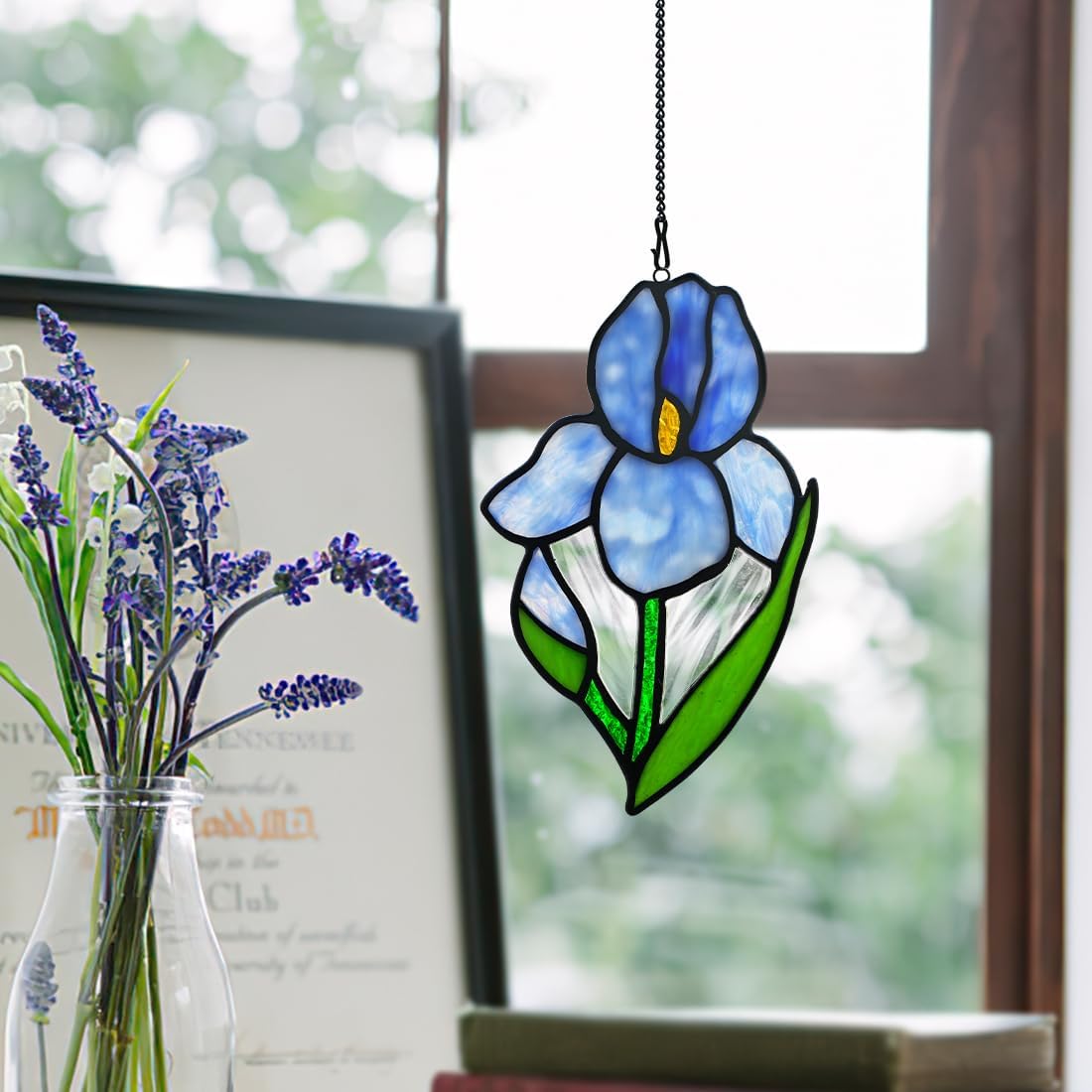 BOXCASA Iris Flower Stained Glass Window Hanging,Handcrafted Suncatchers for Windows Hanging,Stained Glass Iris Flower Gifts for Women,Mom,Grandma