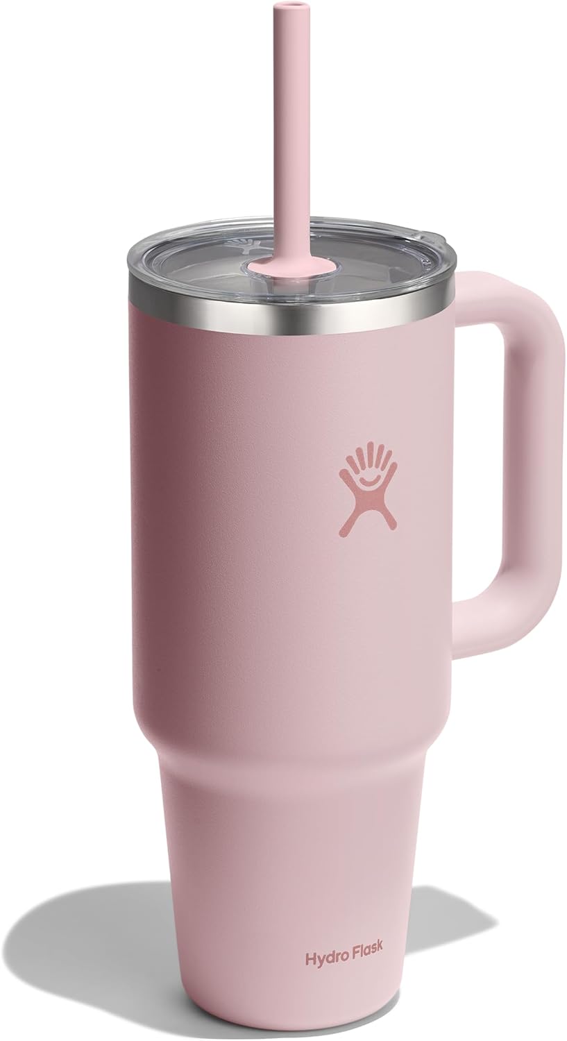 hydro flask 24 oz travel tumbler with handle, clear lid and straw - insulated stainless steel 40 ounces trillium