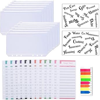 Pack of 27 A6 Pocket Binder Sets A6 Binder Zipper Pockets Expense Budget Sheets Cash Envelope Labels Stickers Neon Page