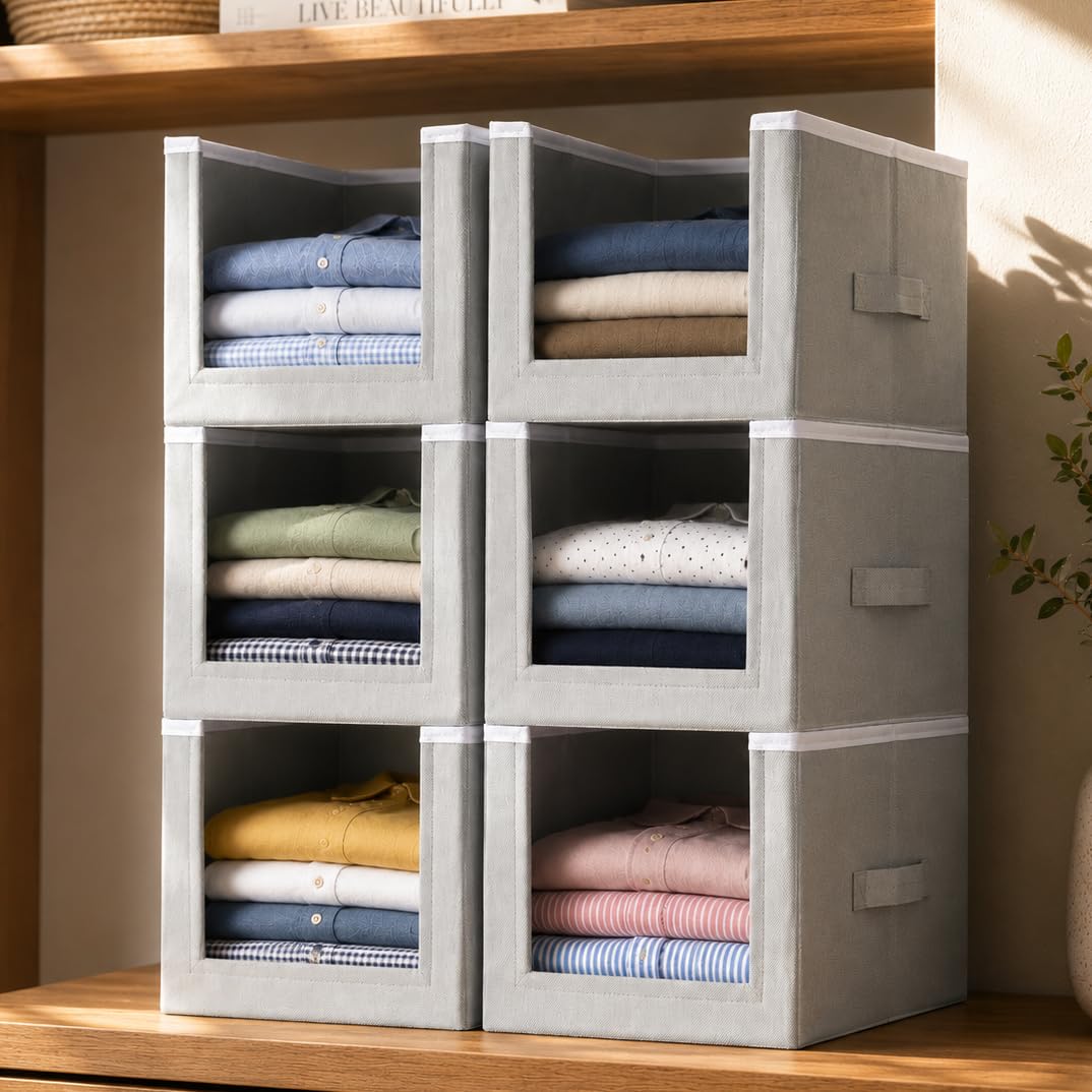 HomeStrap Set Of 6 Non Woven Shirt Stacker/Cloth Storage Foldable Wardrobe/closet Organizer With Handle For T-shirts, Shirts & Clothes (Grey)(Featured on Shark Tank)