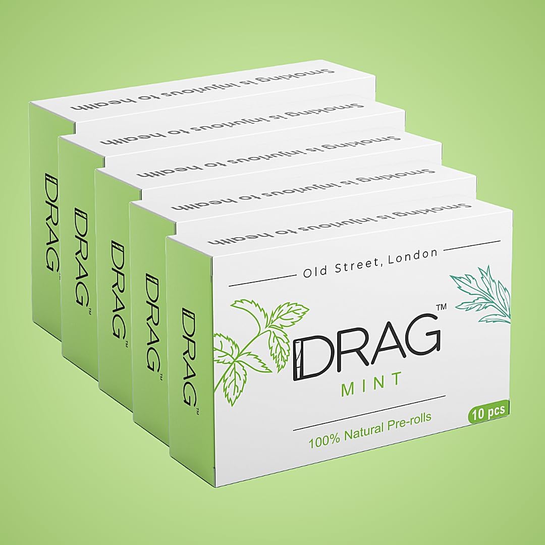 Drag Mint, 10x5 Herbal Smokes with Cooling Menthol Feels (1 1/4 size), Blend of Baby Mugwort Leaves, Peppermint and Spearmint leaves, Nicotine Free, Tobacco Free, Relieve stress and Enhance your mood