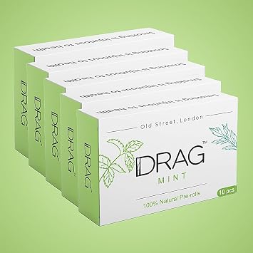 Drag Mint, 10x5 Herbal Smokes with Cooling Menthol Feels 1 1/4 size, Blend of Baby Mugwort Leaves, Peppermint and Spearmint leaves, Nicotine Free, Tobacco Free, Relieve stress and Enhance your mood