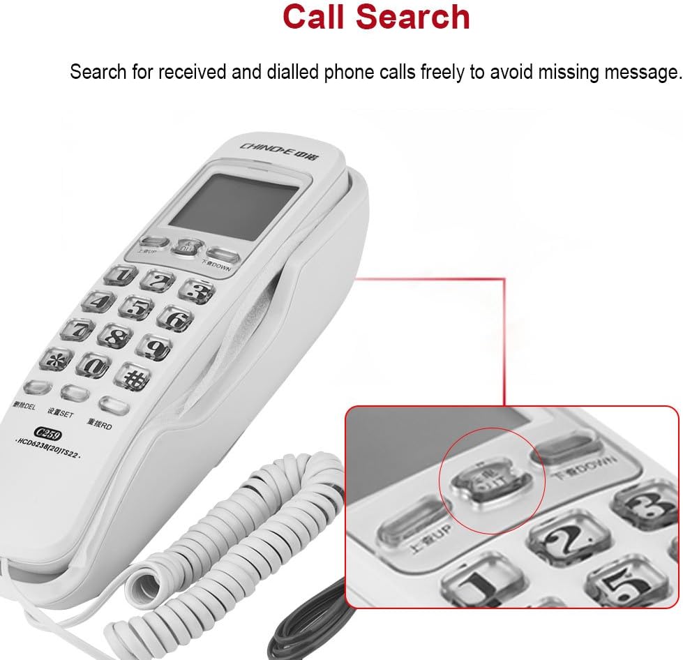 Corded Phone, Wall-Mountable Telephone with Call Display One- Redial Built-in Dial Pad Telephone, White