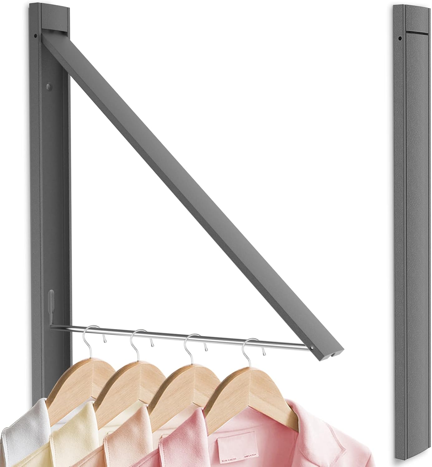 Wall Mounted Drying Rack - Foldable Aluminum Clothes Hanger, Retractable Space Saving Laundry Organizer, 65 lbs Capacity (Gray)