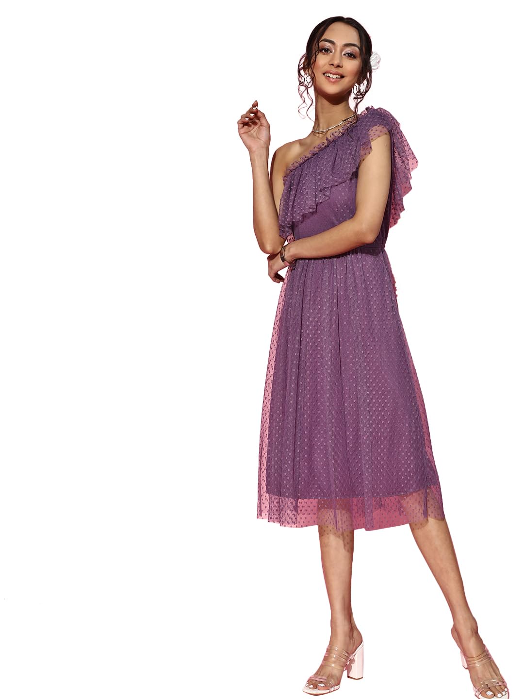 Athena Lifestyle Women and Girls Polyester Regular Fit and Flare One Shoulder Solid Print Midi Length Sleeveless Lavender Party Dress Athena Lifestyle Women and Girls Polyester Regular Fit and Flare One Shoulder Solid Print Midi Length Sleeveless Lavender Party Dress
