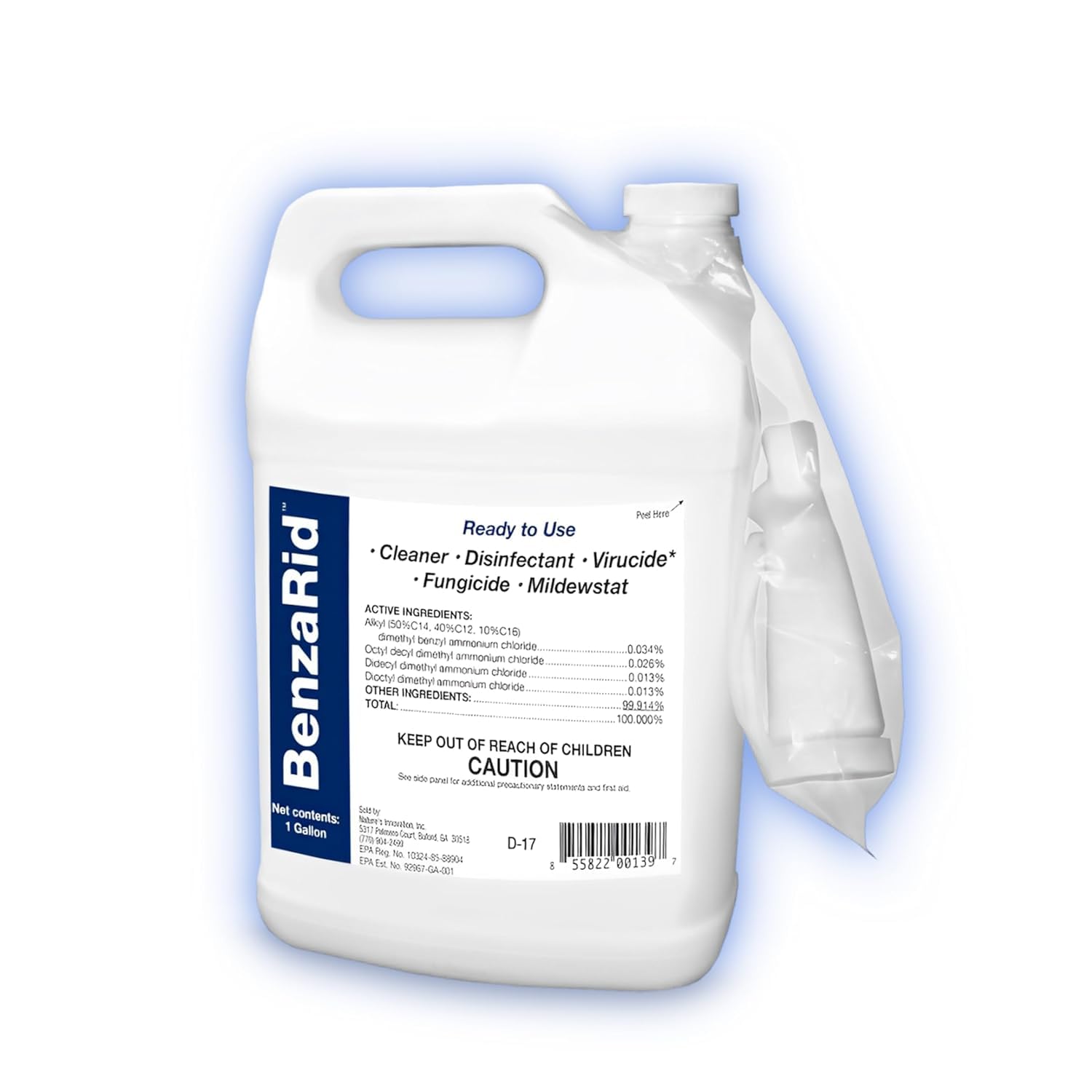 BenzaRid Hospital Disinfectant Sanitizer & Virucide | Kills 99.99% of COVID-19, Avian Flu H1N1,H1N2, H5N1, SARS, Bloodborne Pathogens, Staph, Bacteria & Mold | EPA Reg. | Child & Pet Safe 1 Gal