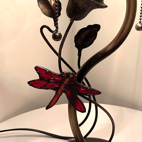 Miniatura 6 de Bieye L10888 Hortensia Lámpara de mesa de vidrio pintada a mano con base de lámpara de flor de libélula para decoración del hogar (rojo)