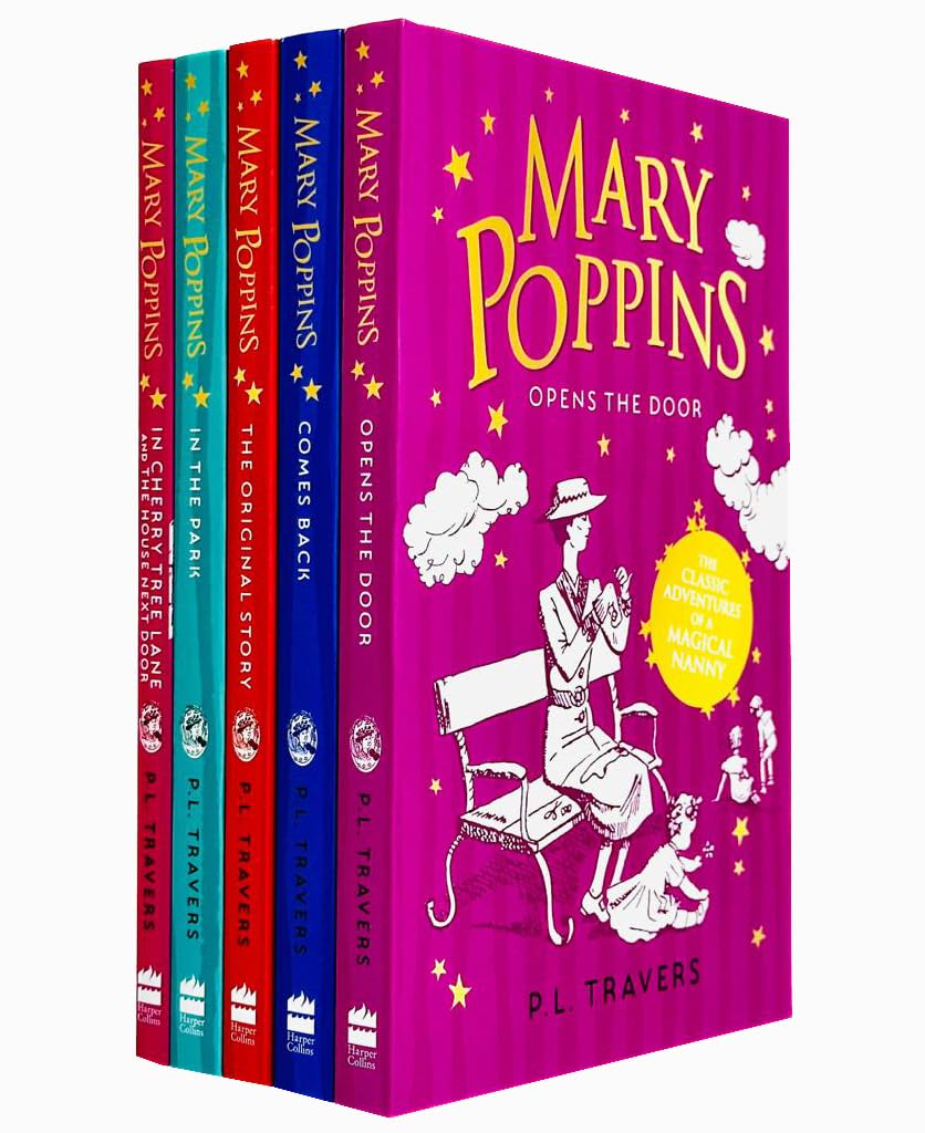 P. L. Travers Mary Poppins 5 Books Collection Set (Mary Poppins: The Original Story, Comes Back, Opens the Door, in the Park & in Cherry Tree Lane / Mary Poppins and the House Next Door)