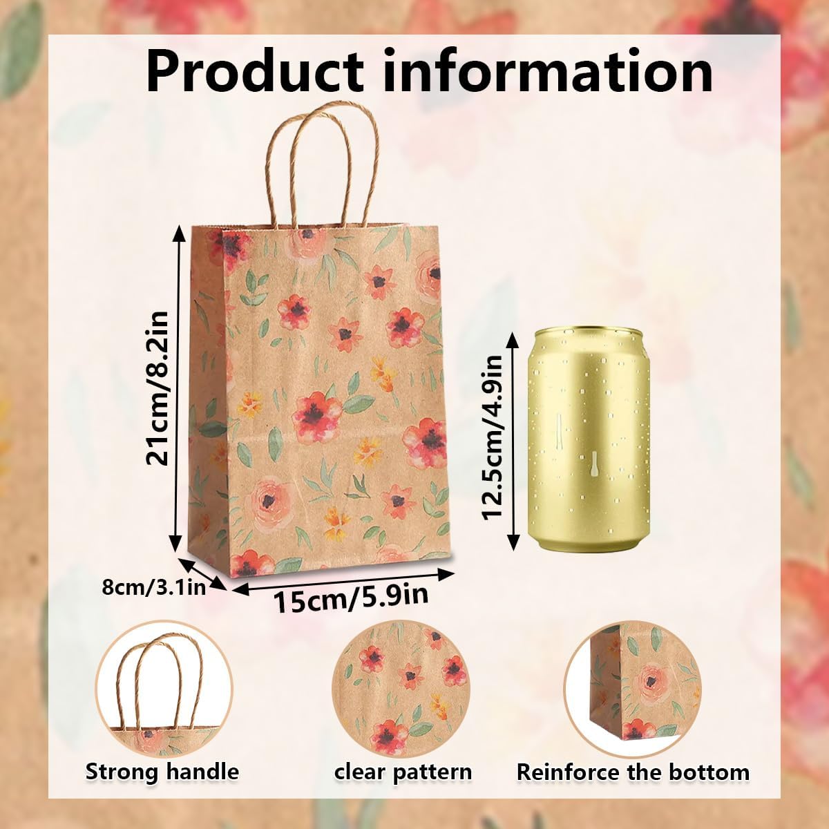 24pcs Floral Pattern Kraft Paper Bag Gift Bags with Handles for Party Favors, Mothers Day, Weddings, Birthday Celebration, Baby Shower,8.26×5.9×3.14inch - Image 8