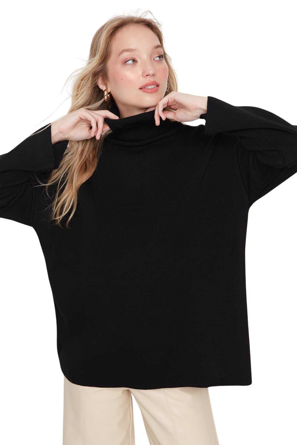 Trendyol Damen Schwarz Rollkragen Einfarbig Oversize Sweater Sweatshirt, L, 42