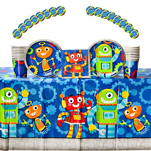 Party Robots Birthday Party Supplies Pack for 16 Guests: Stickers, Dessert Plates, Beverage Napkins, Table Cover, and Cups