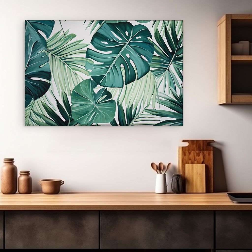 Canvas for Living room. Emerald Hues of Nature: A Digital Tapestry of Tropical Leaves Against Pure White, 27 x 18 inch Canvas Wall Art - Beach Sunsets And Sunrises - Botanical Home Decor