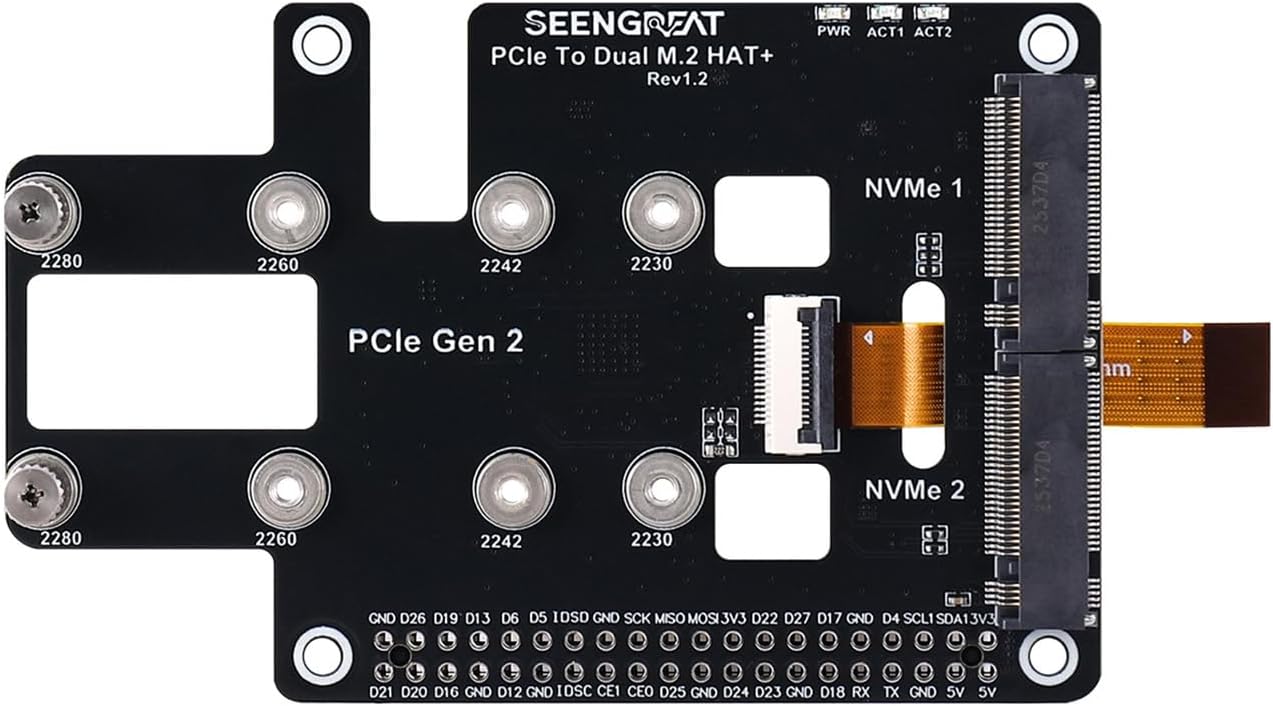 PCIe to Dual M.2 NVMe SSD HAT+ Adapter for Raspberry Pi 5, Supports 2280/2260/2242/2230 NVMe Drives, PCIe x1 Gen2, NVMe Boot Storage Expansion Board