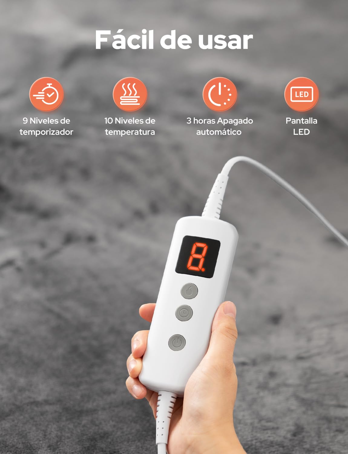 Manta Eléctrica 160x130cm Manta Calefactable 10 Temperaturas 9 Horas Configuraciones de Temporizador Calentamiento Rápido Lavable a Máquina Apagado Automático para Hogar Oficina Gris Claro