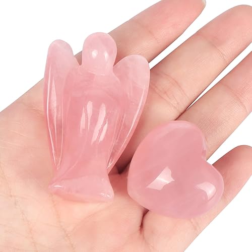 Miniatura 3 de Artistone Juego de cristal de cuarzo rosa con bolsillo de ángel de la guarda y piedra de corazón curativo, figuras de ángel pequeñas rosa natural,