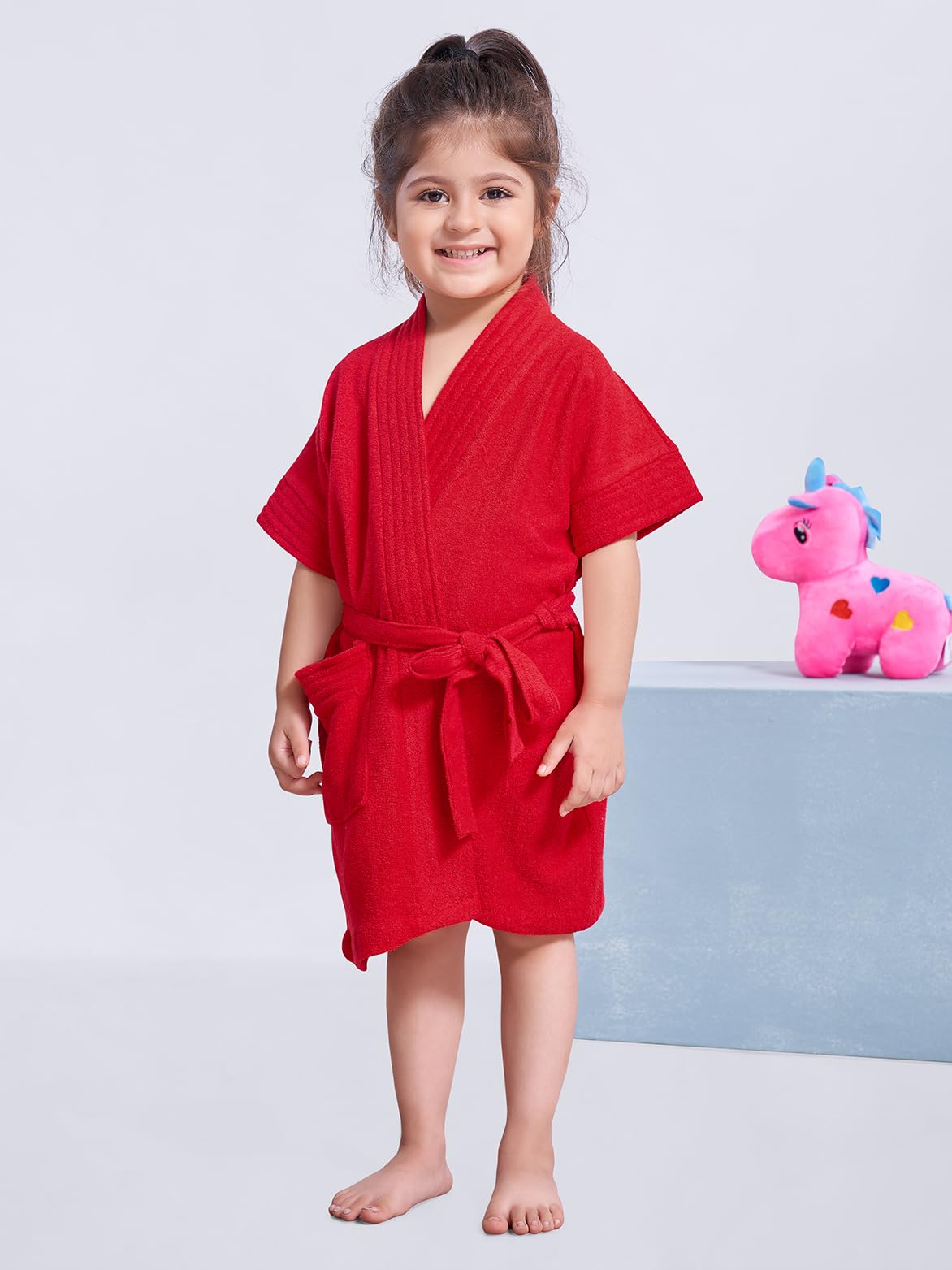 Sanddune Baby Girl's Terry Cotton Half Sleeves, Knee Length, Pocket with Waist Belt Bathrobe Gown (Red, 1-2 Years) 2